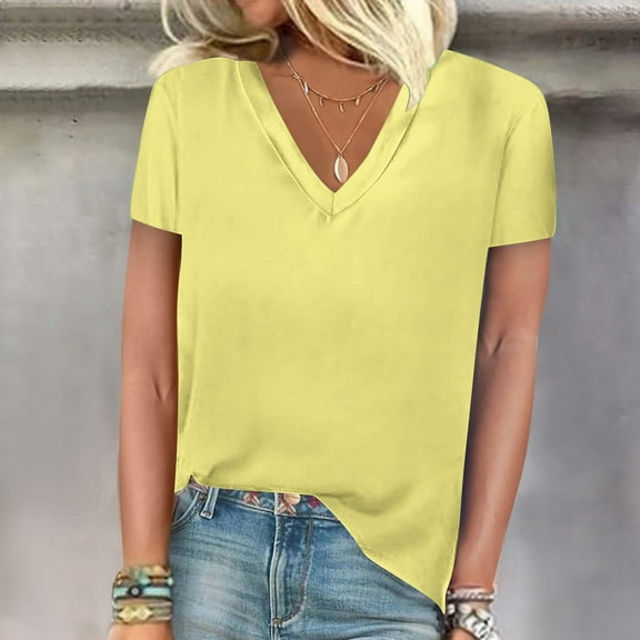 lmcalzta T Shirts for Women V Neck Summer Short Sleeve Going out Tops Lightweight Basic Solid Tshirt Blouses