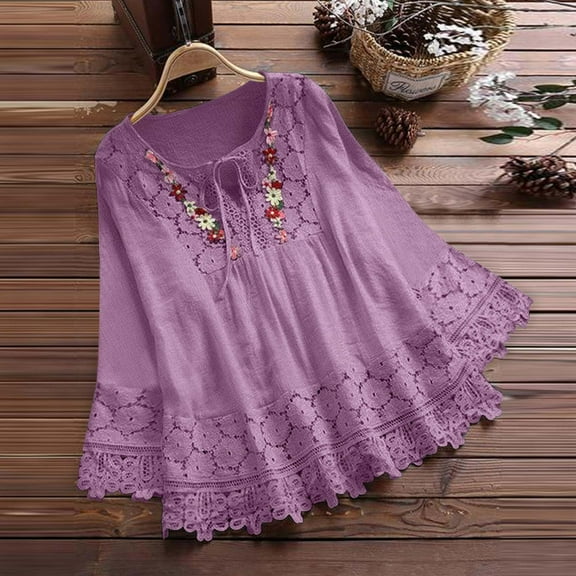 lmcalzta Top for Women Lace Long Sleeve Crewneck Loose Shirts Fall Trendy Casual Comfy Cotton Blouses