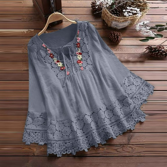 lmcalzta Top for Women Lace Long Sleeve Crewneck Loose Shirts Fall Trendy Casual Comfy Cotton Blouses