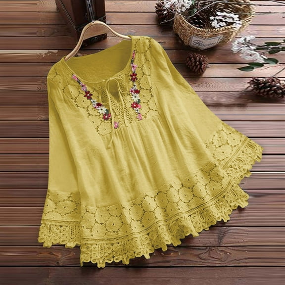 lmcalzta Top for Women Lace Long Sleeve Crewneck Loose Shirts Fall Trendy Casual Comfy Cotton Blouses