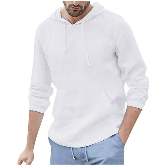lmcalzta Tops for Men Long Sleeve Hooded Pullover Lightweight Cotton Fashion Solid Color Loose Casual Shirts