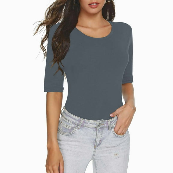 lmcalzta Tops for Women Trendy 1/4 Sleeve Crew Neck Stretch Slim Fitting Going out Tops Summer Casual Tshirts