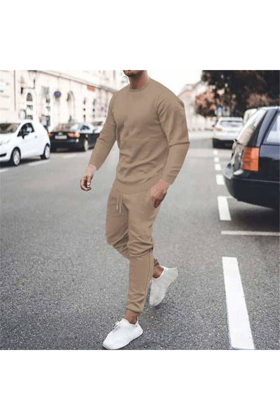 Two Piece Sets for Men Fleece Lined Crewneck Sweatshirts Sweatpants Outdoor