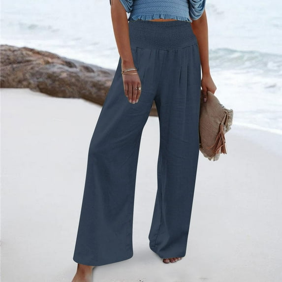lmcalzta Wide Leg Pants for Women Elastic High Waist Loose Comfy Soft Pants Trendy 2025 Summer Beach Trousers
