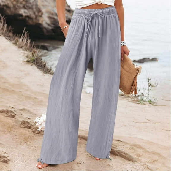 lmcalzta Wide Leg Pants for Women Plus Size Drawstring High Waist Pants with Pockets Loose Casual Trousers