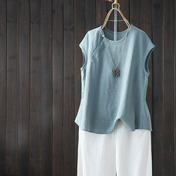 lmcalzta Women Linen Cotton Tank Tops Crewneck Sleeveless Tee Shirts Spring Summer Solid Vintage Casual Tank Tops