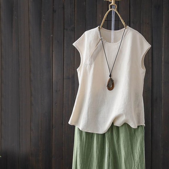 lmcalzta Women Linen Cotton Tank Tops Crewneck Sleeveless Tee Shirts Spring Summer Solid Vintage Casual Tank Tops