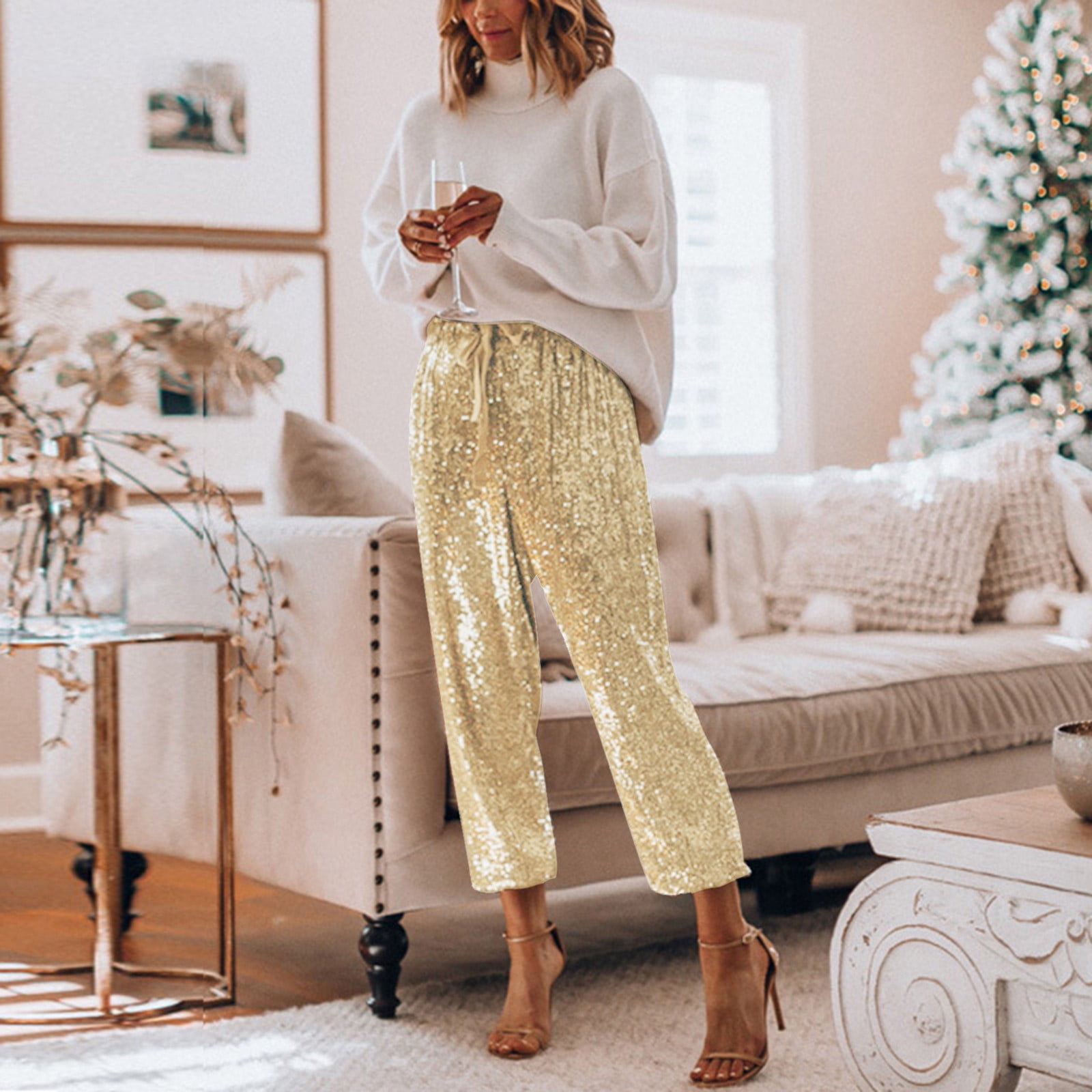 Women's Glitter Sequin Pants - Elastic Waist Party Clubwear Trousers