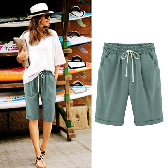 lmcalzta Womens Capris Pants Drawstring Elastic Waist Casual Summer Shorts with Pockets Trendy 2025 Beach Shorts
