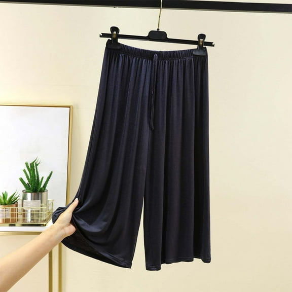 lmcalzta Womens Capris Pants for Pajamas Wide Leg Loose Fitting Soft Comfy Lounge Trousers