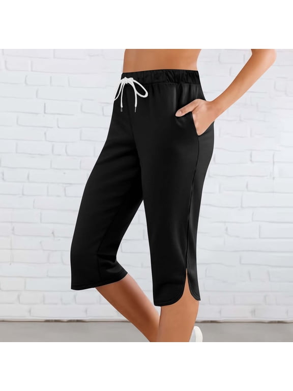 Womens Capris Yoga Pants Loose Workout Joggers Drawstring Sweatpants Lounge Pajama Capris Pants with Pockets