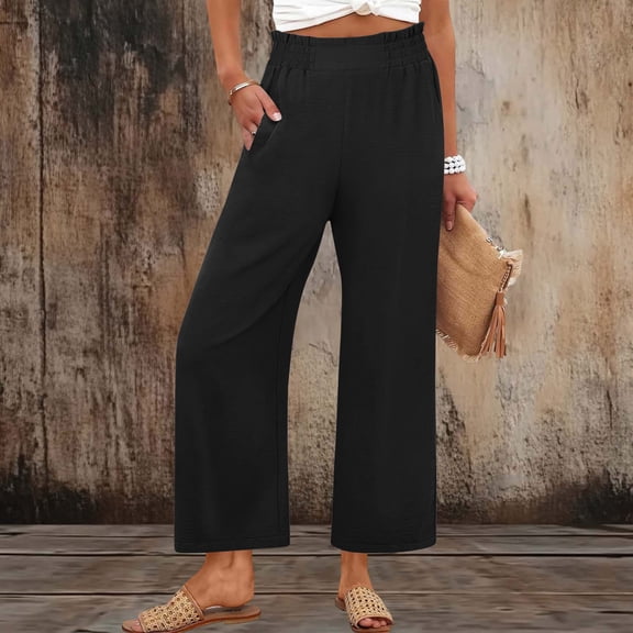 lmcalzta Womens Cotton Linen Pants Summer Palazzo Flowy Beach Trousers with Pockets