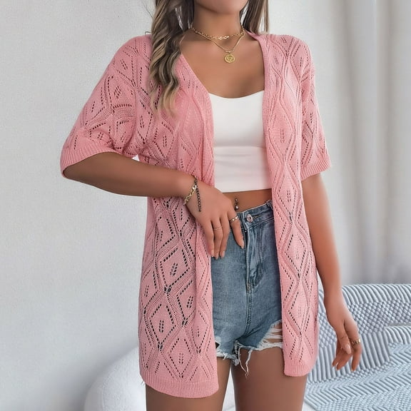 lmcalzta Womens Crochet Cardigan Sweater Short Sleeve Lightweight Open Front Cover up Summer Beach Knit Cardigans