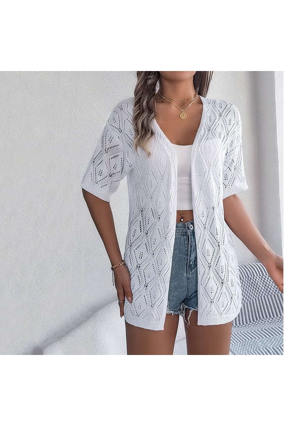 Womens Crochet Cardigan Sweater Short Sleeve Lightweight Open Front Cover up Summer Beach Knit Cardigans