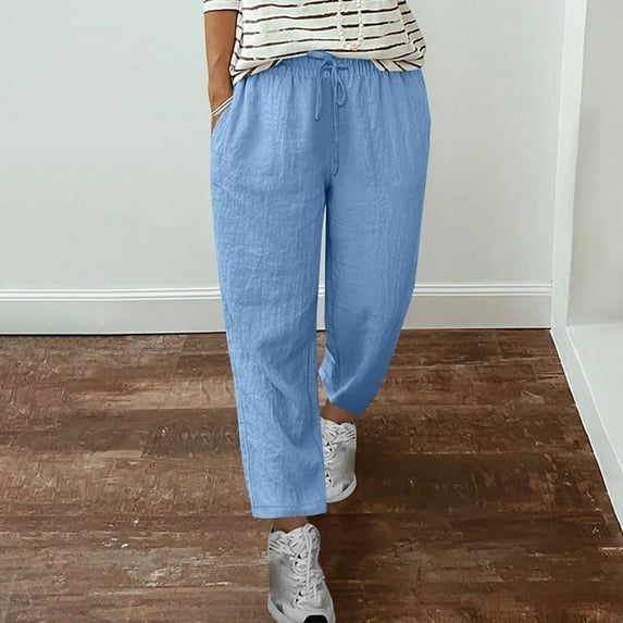 lmcalzta Womens Linen Pants Plus Size Drawstring Stright Leg Pant Summer Lightweight Trousers Solid Color