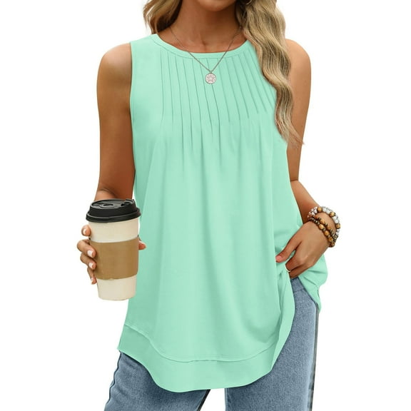 lmcalzta Womens Oversized Tank Tops Crew Neck Pleated Sleeveless Tshirts Summer Flowy Casual Plain Tees
