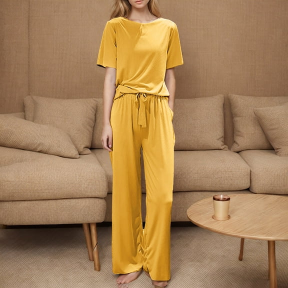 lmcalzta Womens Pajama Sets Short Sleeve Crew Neck Shirts and Drawstring Pant Soft Moisture-Wicking Sleepwear