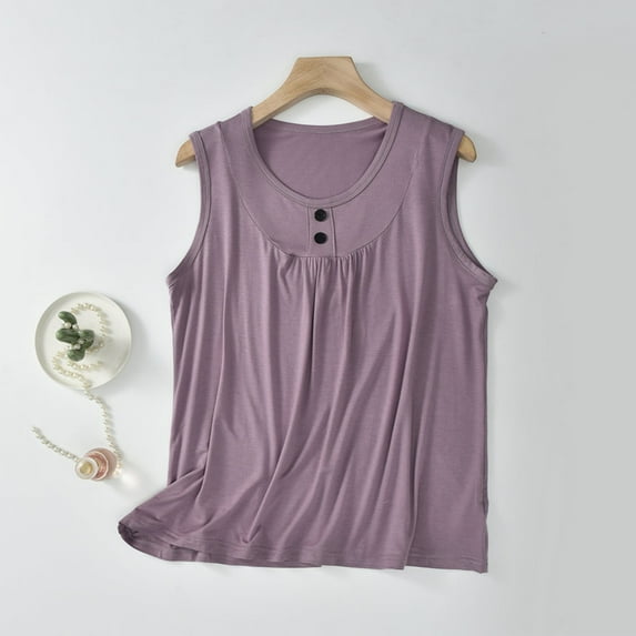lmcalzta Womens Pajama Tank Tops Button Crew Neck Soft Sleeveless Tops Summer Loungewear Lightweight Comfy Tshirts