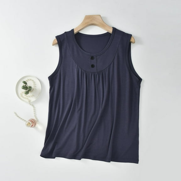 lmcalzta Womens Pajama Tank Tops Button Crew Neck Soft Sleeveless Tops Summer Loungewear Lightweight Comfy Tshirts