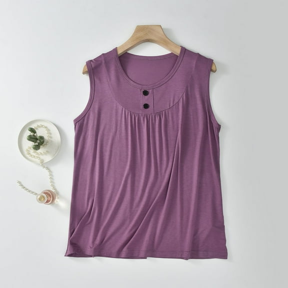lmcalzta Womens Pajama Tank Tops Button Crew Neck Soft Sleeveless Tops Summer Loungewear Lightweight Comfy Tshirts