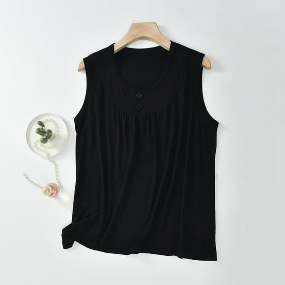 lmcalzta Womens Pajama Tank Tops Button Crew Neck Soft Sleeveless Tops Summer Loungewear Lightweight Comfy Tshirts