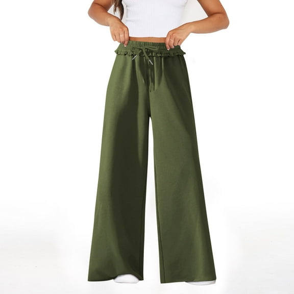 lmcalzta Womens Pants High Waisted Drawstring Wide Leg Relaxed Fitted Solid Color Trousers with Pockets Fall Winter Outdoor Casual Pants