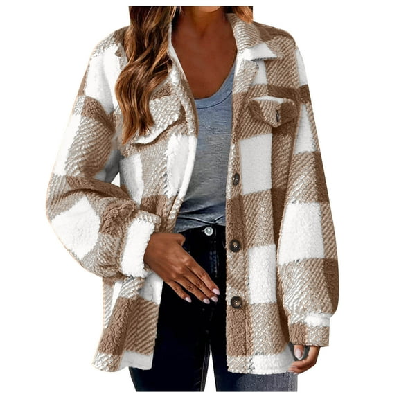 lmcalzta Womens Plaid Jackets Button down Oversized Flannel Shacket Jacket Winter Warm Long Sleeve Fleece Long Coats