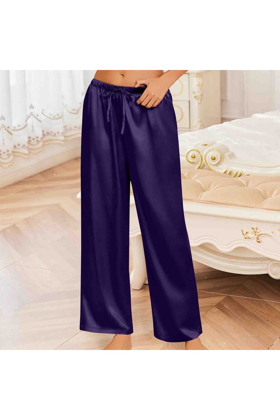Womens Satin Silk Pants Drawstring Elastic Waist Wide Leg Pajama Pants Summer Homewear Trousers