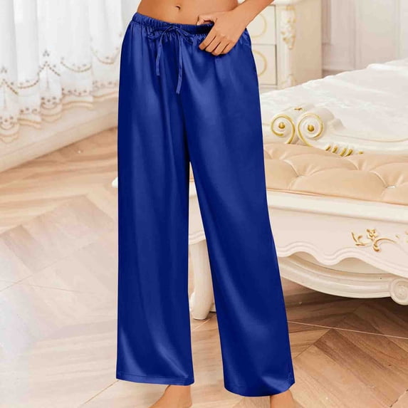 lmcalzta Womens Satin Silk Pants Drawstring Elastic Waist Wide Leg Pajama Pants Summer Homewear Trousers