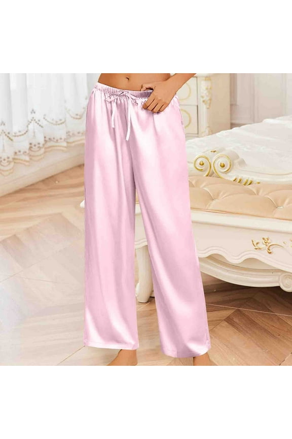 Womens Satin Silk Pants Drawstring Elastic Waist Wide Leg Pajama Pants Summer Homewear Trousers