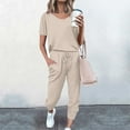 thumbnail image 1 of lmcalzta Womens Summer Outfits Crew Neck Short Sleeve Shirts Silm Fitting Jogger Pants 2 Piece Sets, 1 of 5