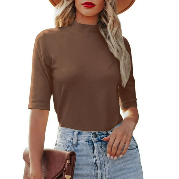 lmcalzta Womens Summer Tops Short Sleeve Slimming Mock Neck Pullover T Shirts Solid Color Tees