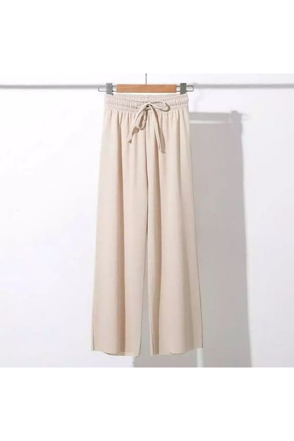 Womens Wide Leg Pants Drawstring Elastic Waisted Loose Casual Solid Color Knitted Trousers with Pockets