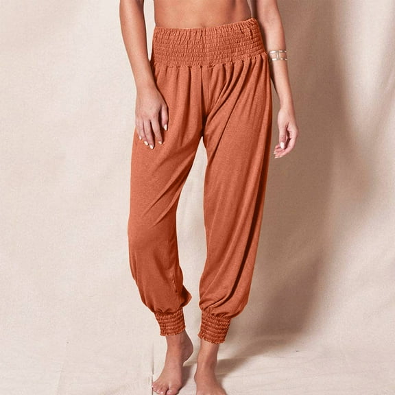lmcalzta Yoga Pants for Women Smocked High Waisted Stretch Boho Pants with Pockets Summer Fall Casual Beach Yoga Trousers