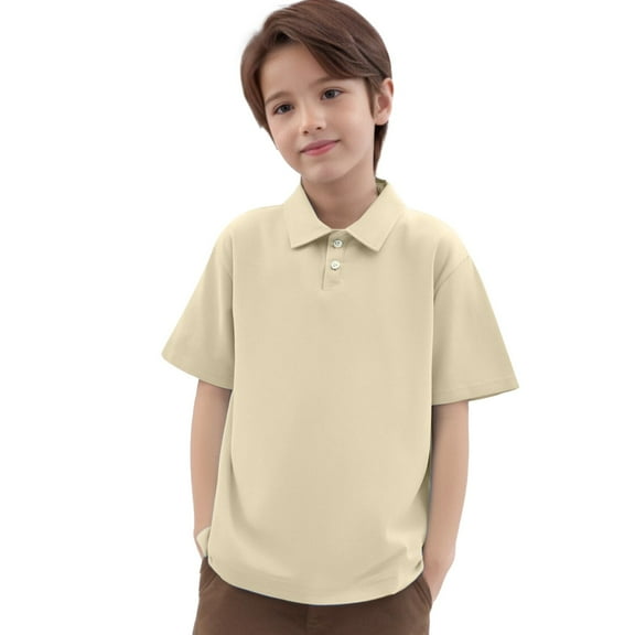 lnmuld 1PC Boys Solid Color Polo Shirt Casual Short Sleeve Lapel Collar T-Shirt Comfortable Everyday Button Down Top for Youth Size:5-6 Years