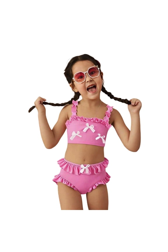 2 Piece Baby Toddler Kids Girls Korean Style Cute Bow Ruffle Strap Sunsuit - Beach & Pool Party Swimwear Color:Red,Size:3-4 Years