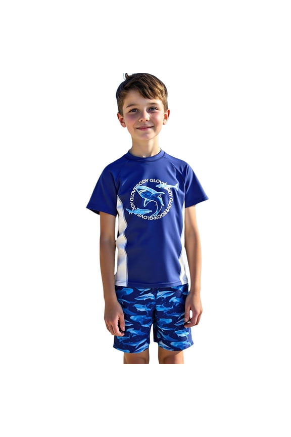 2-Piece Boys' Print Swimwear Set - Summer Rash Guard & Trunks for Beach Pool Surf Color:Blue,Size:11-12 Years