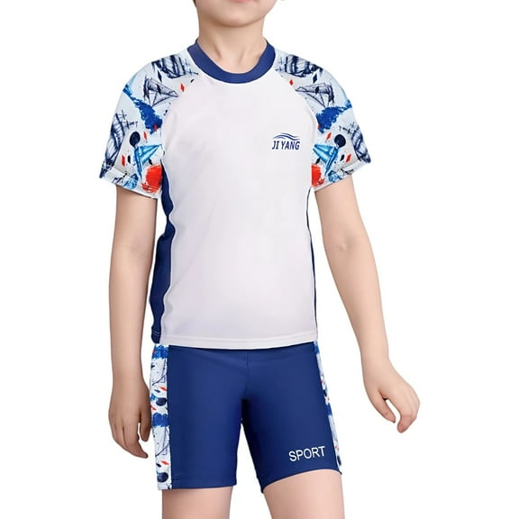 lnmuld 2 Piece Boys Printed Short Sleeve Swim Set - Elastic Comfort Round Neck Pool Beach Summer Outfit Color:White,Size:13-14 Years