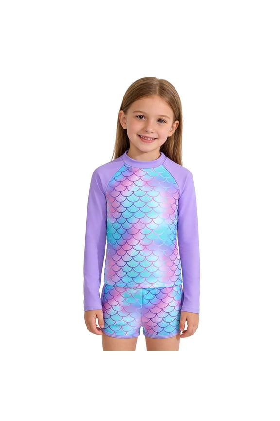 2 Piece Girls Scale Print Long Sleeve Rash Guard Swim Pants Set Color:Purple,Size:3-4 Years