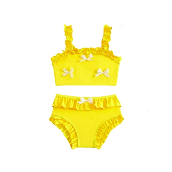 lnmuld 2 Piece Girls Swimsuit Korean Style Cute Bow Ruffle Strap Sunsuit for Girls Baby Toddler Kids Beach Pool Party Swimwear Size:5-6 Years