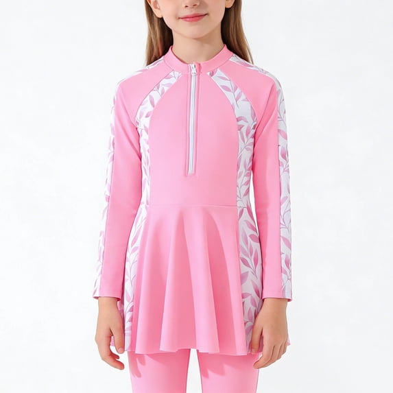 lnmuld 2 Piece Girls UPF 50+ Floral Print Front Zipper Rash Guard Swim Shorts Set Color:Pink,Size:11-12 Years