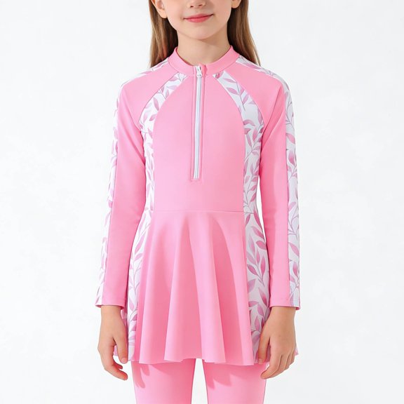 lnmuld 2 Piece Girls UPF 50+ Floral Print Front Zipper Rash Guard Swim Shorts Set Color:Pink,Size:7-8 Years