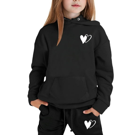 lnmuld 2 Piece School Outfits for Girls,Girls Winter Hoodie and Joggers Set Stylish Print Comfy Casual Outfit for Toddler to Teen Soft Warm Kids Clothes Size:6-7 Years