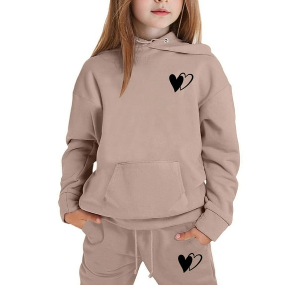 lnmuld 2 Piece School Outfits for Girls,Girls Winter Hoodie and Joggers Set Stylish Print Comfy Casual Outfit for Toddler to Teen Soft Warm Kids Clothes Size:8-9 Years