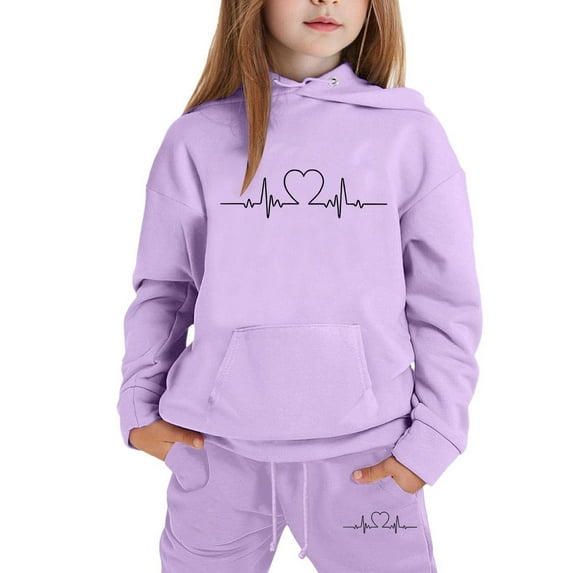 lnmuld 2 Piece School Outfits for Girls,Girls Winter Hoodie and Joggers Set Stylish Print Comfy Casual Outfit for Toddler to Teen Warm Kids Clothes Size:6-7 Years