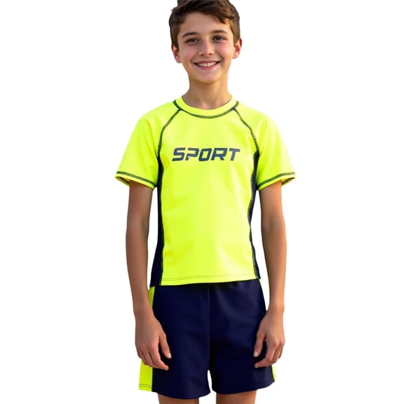 lnmuld 2 Piece Youth Boys Color Block Swim Set - Sporty Letter Print Short Sleeve Rash Guard & Swim Trunks Color:Yellow,Size:7-8 Years