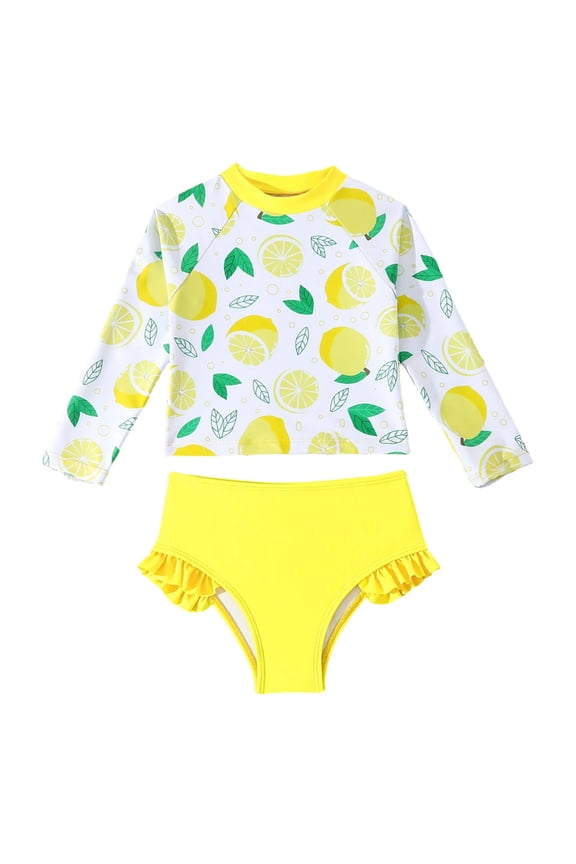 2PC Girls Rash Guard Top & Swim Shorts Set - Long Sleeve Sun Safe Water Play Swimwear Color:Yellow,Size:7-8 Years