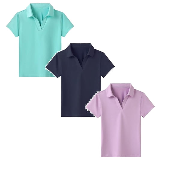 lnmuld 3 Pack Girls Solid Color Athletic Polo Shirt Breathable Workout Top Comfortable Casual Tee for Kids Play Sports Size:5-6 Years