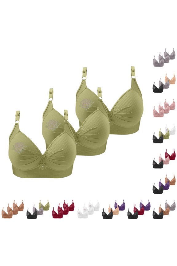 lnmuld 3 Pack Women Wireless Ribbed Bra Rhinestone Rose Embroidery Adjustable Thin Strap Solid Full Coverage Everyday Support Bra 46,Green