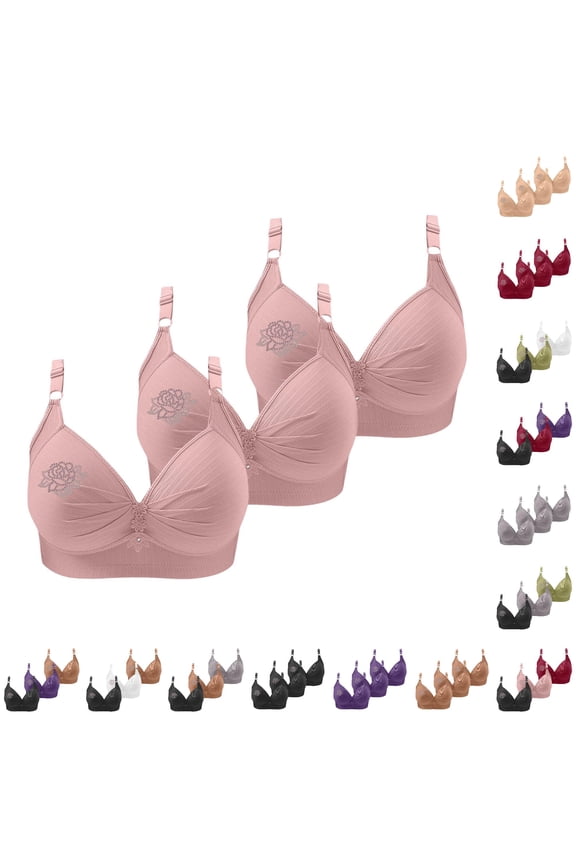 lnmuld 3 Pack Women Wireless Ribbed Bra Rhinestone Rose Embroidery Adjustable Thin Strap Solid Full Coverage Everyday Support Bra 46,Pink